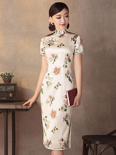 Champagne Floral Mulberry Silk Chinese Qipao / Cheongsam Dress - CozyLadyWear