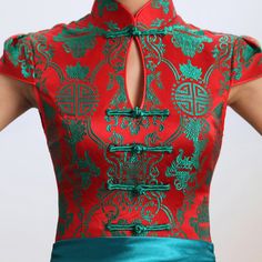 Green & red contrast color folk pattern brocade mandarin collar Chinese modern qipao cheongsam wedding dress | Red Chinese Dress
