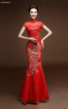 Beaded Mesh Phenix Mermaid Wedding Qipao Gown