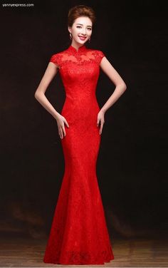 Lace & Mesh Chinese Wedding Qipao Red Gown - YannyExpress