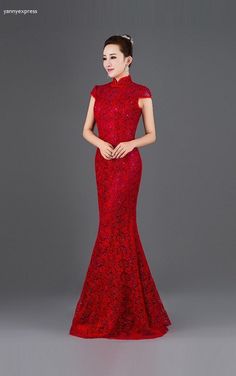Beaded Mesh Chinese Wedding Mermaid Qipao - YannyExpress  - 1