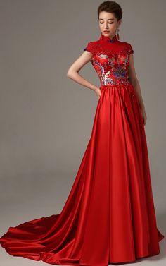 Mandarin collar red A-line trailing silk stain Chinese wedding dress | Modern Qipao