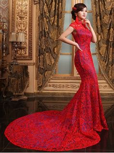 Textured Lace Mermaid Qipao Gown Sweep Train