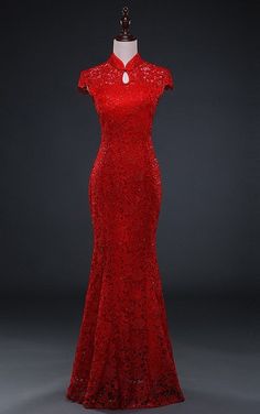 Illusion Lace Gown Wedding Qipao - YannyExpress  - 1