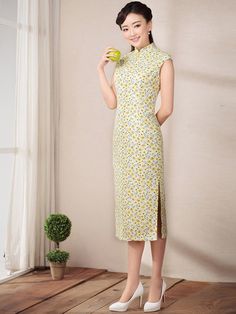 Yellow Floral Linen Chinese Qipao / Cheongsam Dress - CozyLadyWear