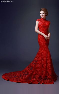 Embellished Trumpet Chinese Wedding Gown Lace Bridal Qipao