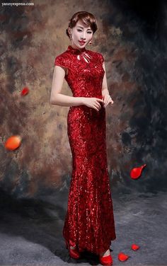 Beaded Mermaid Chinese Bridal Qipao Dress - YannyExpress  - 1