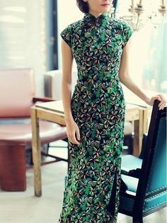 Green Floral Linen Qipao / Cheongsam Party Dress - CozyLadyWear