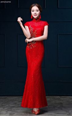 Embellished Lace Appliqué Bridal Qipao Red Gown