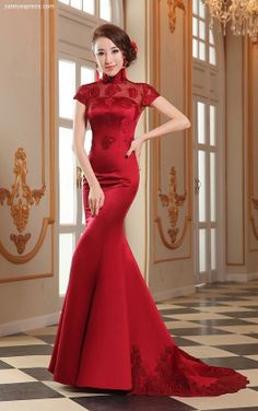 Chinese Wedding Gown Mermaid Crimson Evening Bridal Reception Qipao