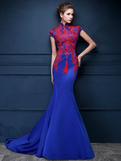 Blue Custom Tailored Qipao / Cheongsam Dress with Carpet Train - CozyLadyWear