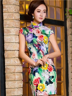 Charming Flower Printing Short Sleeves Column Short Cheongsam Dress