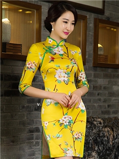 Elegant Printing Silk Column Half Sleeves Short Cheongsam Dress