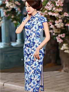 Charming Printing Short Sleeves Column Oriental Cheongsam Dress