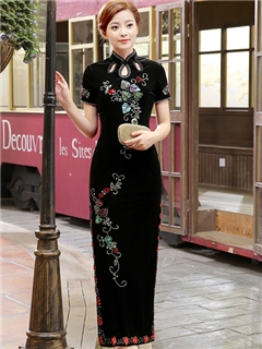 Elegant Velvet Embroidery Column Long Cheongsam Dress