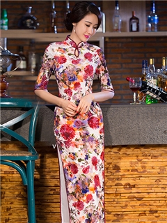 Delicate Floral Printing Velvet Column Long Cheongsam Dress