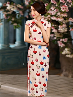 Elegant Printing Real Silk Column Long Cheongsam Dress