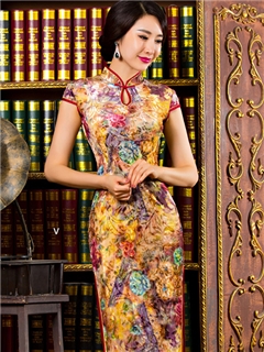 Vintage Elegant Floral Printing Column Oriental Cheongsam Dress