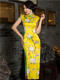Elegant Floral Printing Real Silk Column Long Cheongsam Dress