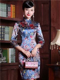 Vintage Floral Printing Silk Column Long Sleeves Oriental Cheongsam Dress
