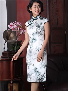 Concise Vintage High Quality Real Silk Column Spring Cheongsam Dress