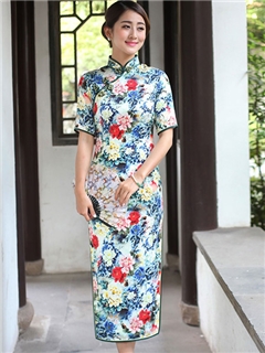 Vintage High Quality Real Silk Half Sleeves Long Column Spring Cheongsam Dress