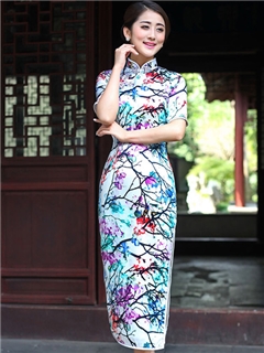 Vintage High Quality Real Silk Half Sleeves Long Column Cheongsam Dress
