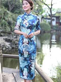 Fashion High Quality Half Sleeves Printing Real Silk Long Column Cheongsam Dress