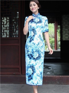 Fashion High Quality Half Sleeves Real Silk Long Column Cheongsam Dress