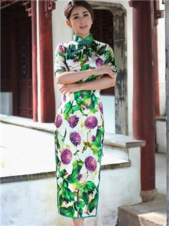 Gorgeous High Quality Half Sleeves Floral Printing Real Silk Long Column Cheongsam Dress