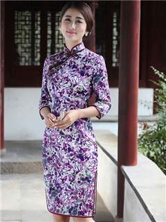 Gorgeous High Quality 3/4 Sleeves Real Silk Knee-Length Column Cheongsam Dress