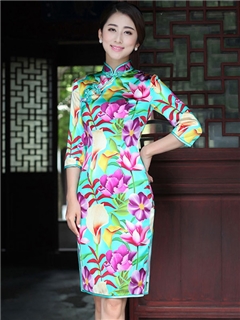 Gorgeous High Quality Flower Printing 3/4 Sleeves Real Silk Knee-Length Column Cheongsam Dress