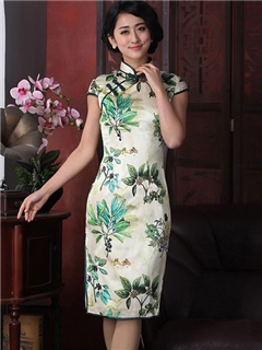 Vintage High Quality Real Silk Knee-Length Column Cheongsam Dress