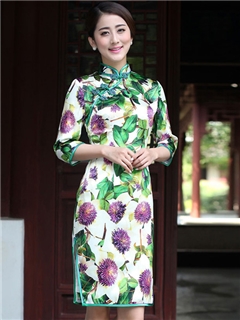 Vintage High Quality Flower Printing 3/4 Sleeves Real Silk Knee-Length Column Cheongsam Dress