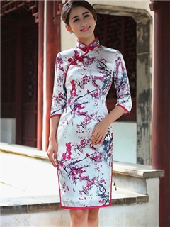 High Quality Flower Printing 3/4 Sleeves Real Silk Knee-Length Cheongsam Dress