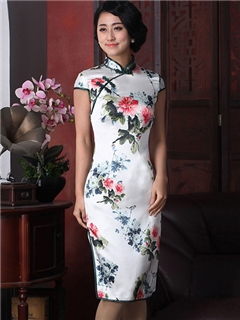 Top Quality Flower Printing Real Silk Knee-Length Cheongsam Dress
