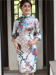High Quality Column Flower Printing 3/4 Sleeves Real Silk Knee-Length Cheongsam Dress