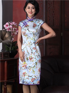 High Quality Long Column Flower Printing Real Silk Knee-Length Cheongsam Dress