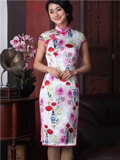 Elegant High Quality Long Column Flower Printing Real Silk Knee-Length Cheongsam Dress
