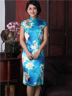 Elegant High Quality Long Column Flower Printing Real Silk Cheongsam Dress
