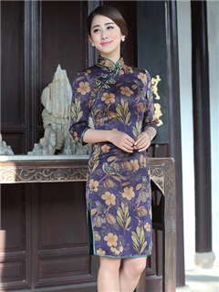 High Quality Vintage Half Sleeves Column Real Silk Cheongsam Dress