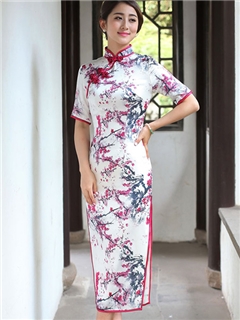 Top Quality Flower Printing Short Sleeves Column Real Silk Long Cheongsam Dress