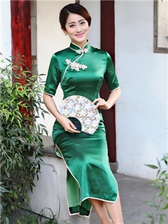 Top Quality Oriental Half Sleeves Column Side Split Real Silk Cheongsam Dress