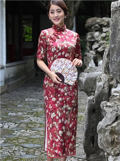 Top Quality Vintage Oriental Red Flower Printing Half Sleeves Column Side Split Real Silk Cheongsam Dress