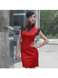 Black lace Chinese red Qipao gown