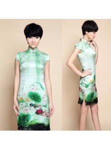 Chinese Silk Robe Lt Green Lotus Yuan-Yang in Love Print