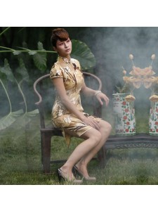 Yellow Cheongsam Silk Ceorgette Qipao Couture w/ Floral Print