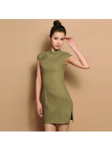 Retro Olive Green Linen Cheongsam 