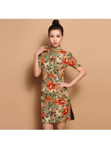 Orange & Green Floral Linen Mandarin Dress