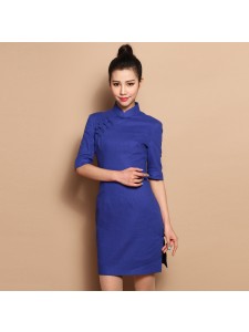 Half-Sleeve Sapphire Linen Qipao Dress 